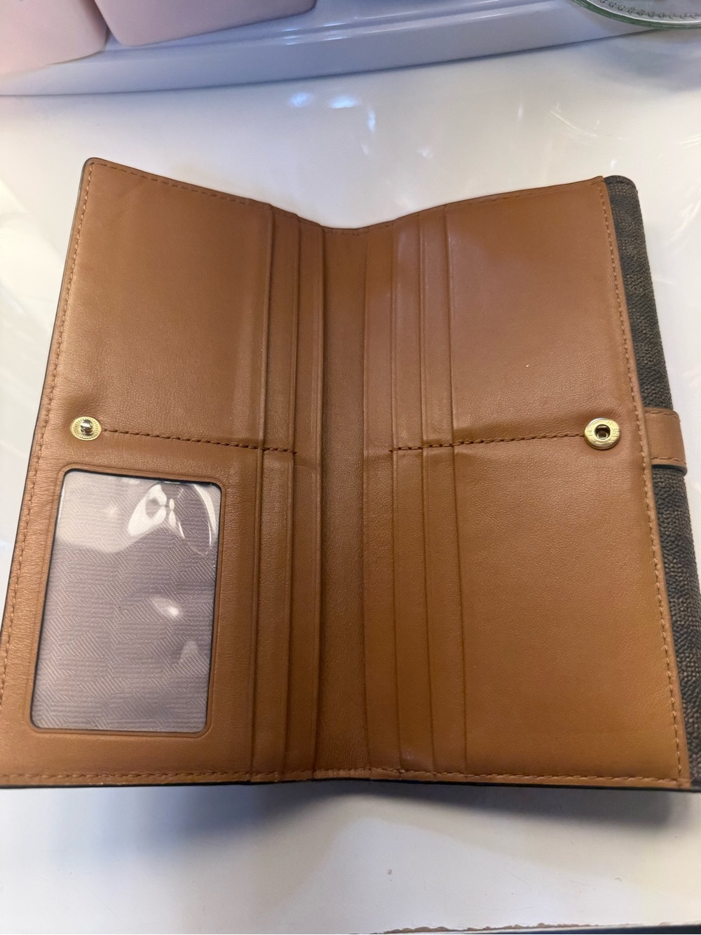 Michael Kors Dark Brown Monogram Clutch Wallet with Tan Strap - Picture 3 of 6